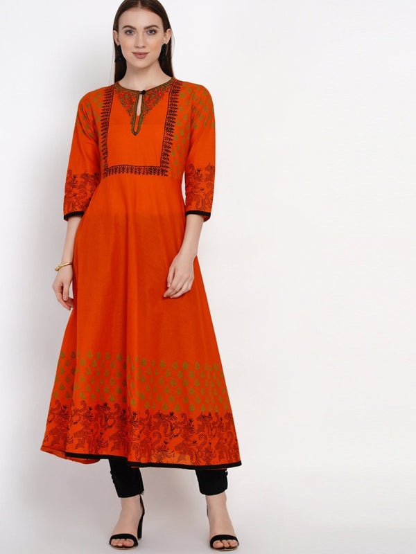 Women's Orange And Black Ajrakh Hand Block Cotton Printed Anarkali - Noz2Toz