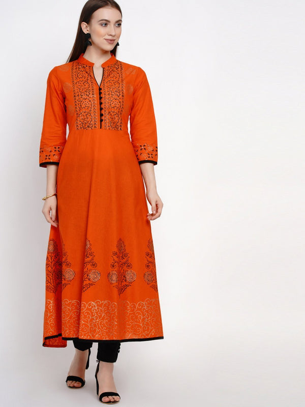 Women's Orange Festive Ajrakh Hand Block Cotton Printed Anarkali - Noz2Toz