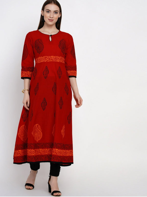 Women's Dark Red Festive Ajrakh Hand Block Cotton Printed Anarkali - Noz2Toz