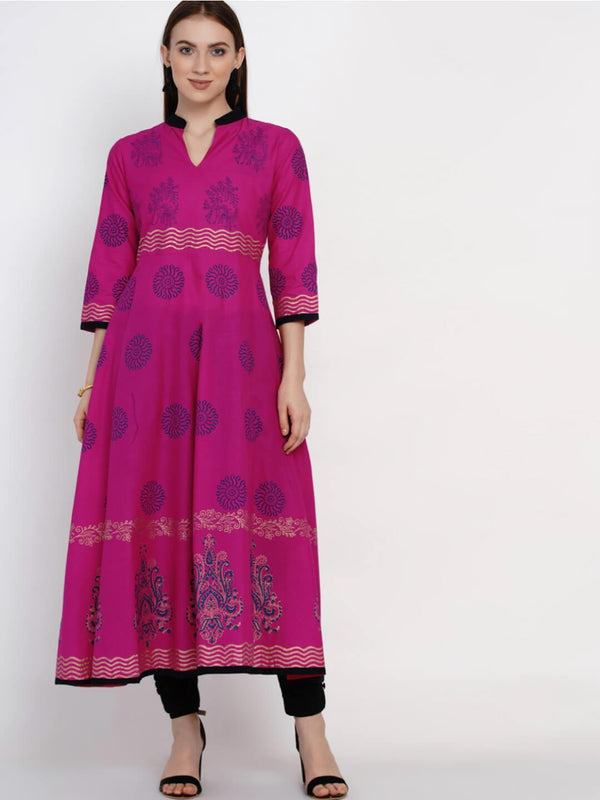 Women's Magenta Floral Cotton Anarkali With Ajrakh Hand Block Print - Noz2Toz