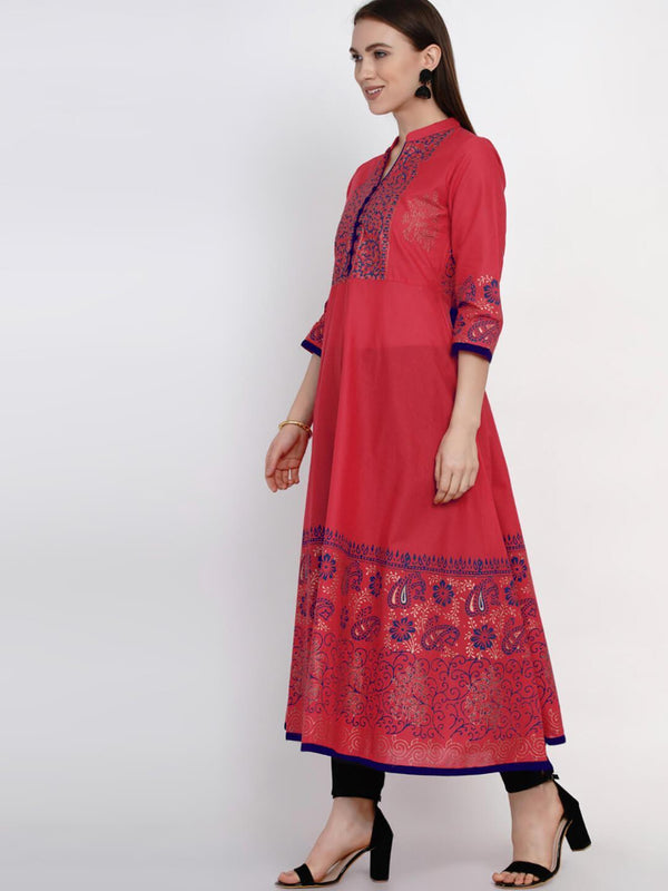 Women's Fuschia Festive Ajrakh Hand Block Cotton Printed Anarkali - Noz2Toz