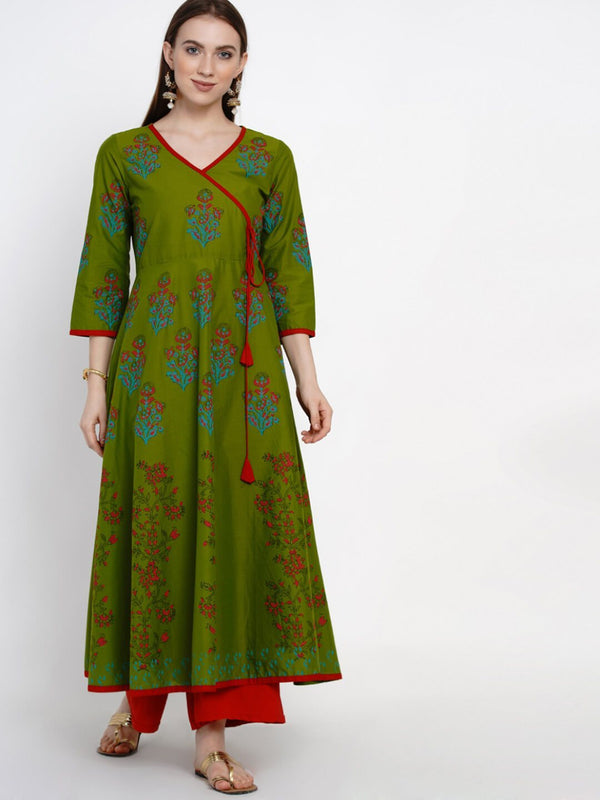 Women's Green Overlap Cotton Anarkali With Ajrakh Hand Block Print - Wahe-Noor