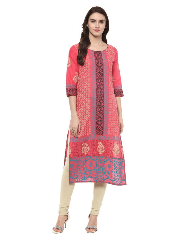 Women's Bright Pink Ajrakh Hand Block Cotton Printed Straight Kurta - Wahe-Noor