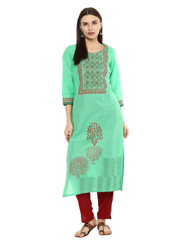 Women's Pista Green Ajrakh Hand Block Cotton Printed Straight Kurta  - Noz2Toz