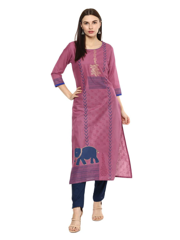 Women's Mauve Ajrakh Hand Block Cotton Printed Straight Kurta  - Noz2Toz