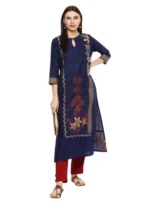 Women's Coral Blue Ajrakh Hand Block Cotton Printed Kurta - Wahe-Noor