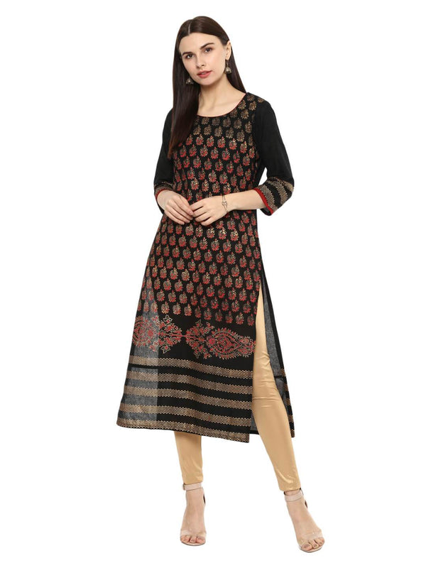 Women's Black Ajrakh Hand Block Cotton Printed Straight Kurta With Overall Print - Wahe-Noor