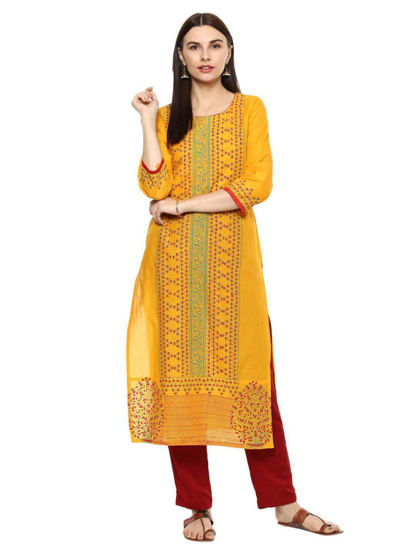 Women's Mustard Ajrakh Hand Block Overall Printed Straight Cotton Kurta  - Noz2Toz