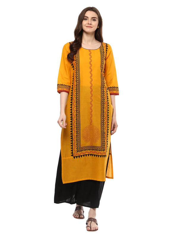 Women's Mustard Tribal Print Ajrakh Hand Block Cotton Printed Straight Kurta  - Noz2Toz