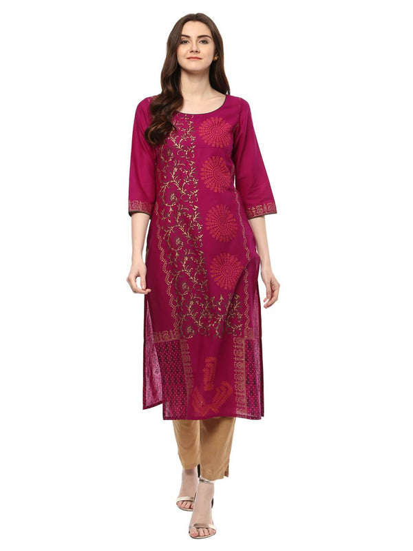 Women's Classic Purple Tribal Print Ajrakh Hand Block Cotton Printed Straight Kurta - Noz2Toz