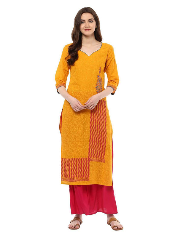 Women's Mustard Modern Ajrakh Hand Block Printed Straight Cotton Kurta - Noz2Toz