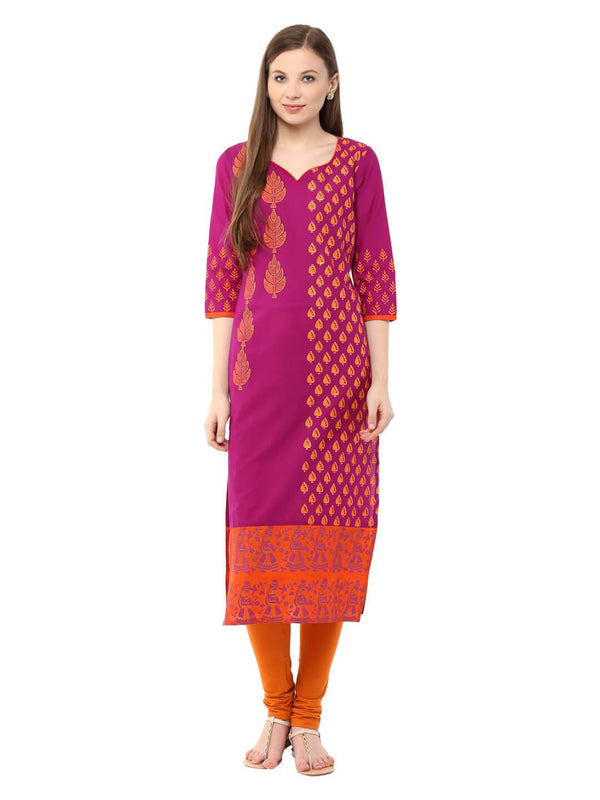 Women's Magenta Ajrakh Hand Blocked Straight Cotton Kurta With Minimal Foil Printing - Noz2Toz