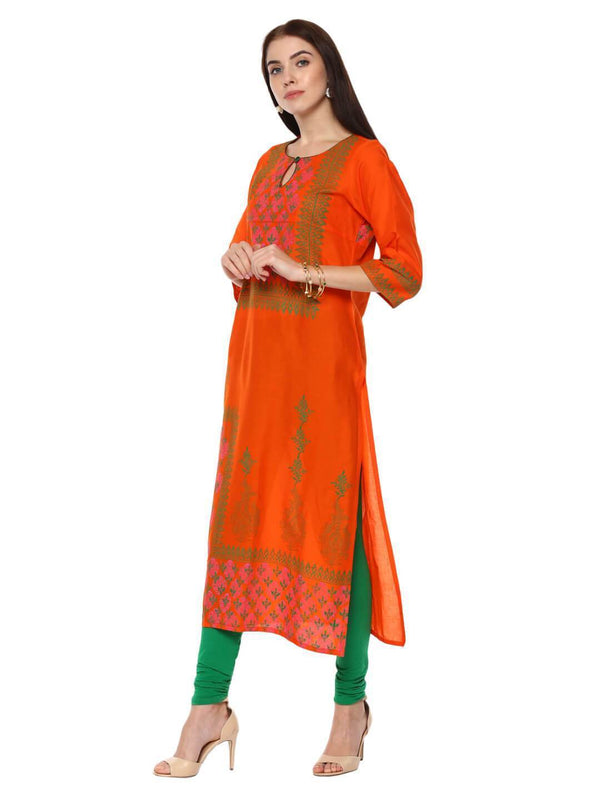 Women's Orange And Green Ajrakh Hand Block Cotton Printed Straight Kurta - Noz2Toz