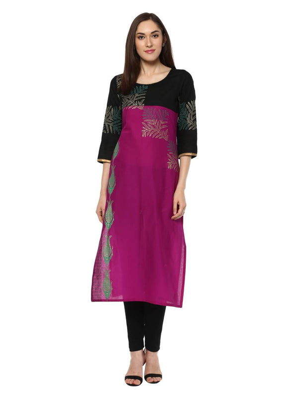 Women's Magenta And Black Ajrakh Hand Block Cotton Printed Straight Kurta - Noz2Toz