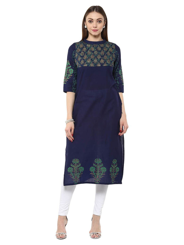 Women's Navy Blue Floral Ajrakh Hand Block Cotton Printed Straight Kurta  - Noz2Toz