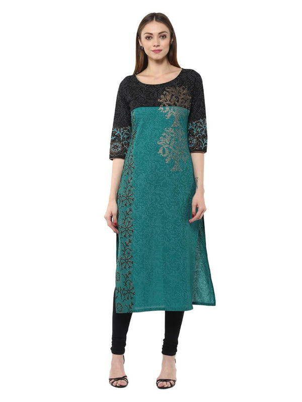 Women's Turquoise Floral  Ajrakh Hand Block Cotton Printed Straight Kurta - Noz2Toz