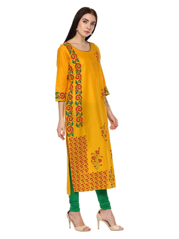 Women's Mustard Ajrakh Hand Block Floral Printed Minimal Straight Cotton Kurta - Wahe-Noor