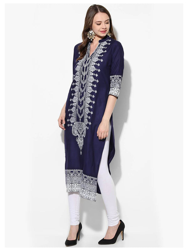 Women's Indigo And White Ajrakh Hand Block Cotton Printed Straight Kurta  - Noz2Toz