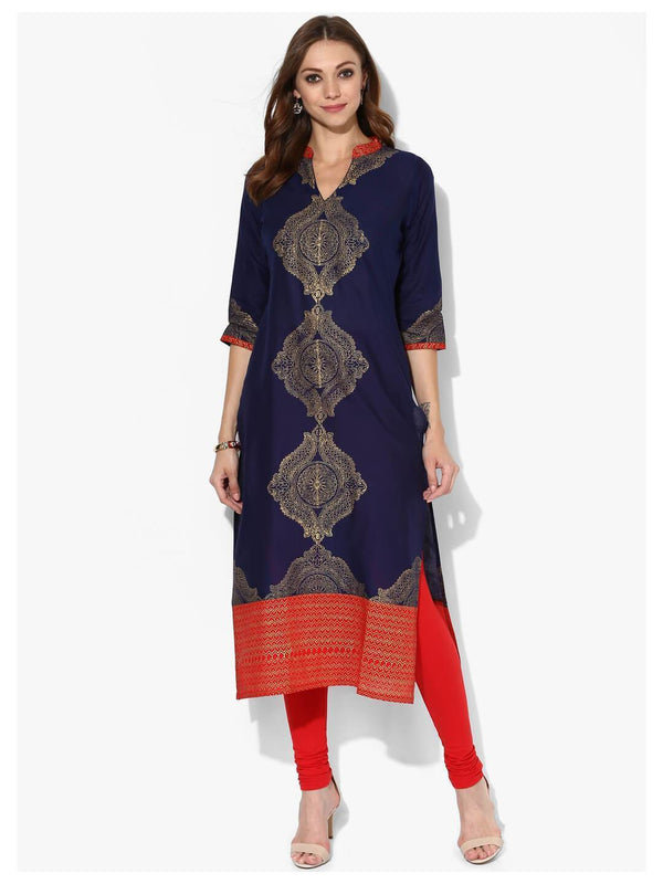 Women's Indigo And Golden Ajrakh Hand Block Cotton Printed Straight Kurta  - Noz2Toz