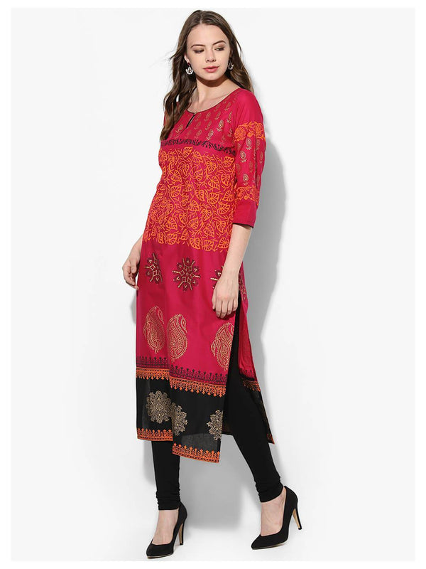 Women's Fuchsia Keyhole Kurta With Ajrakh Hand Block Cotton Print  - Noz2Toz