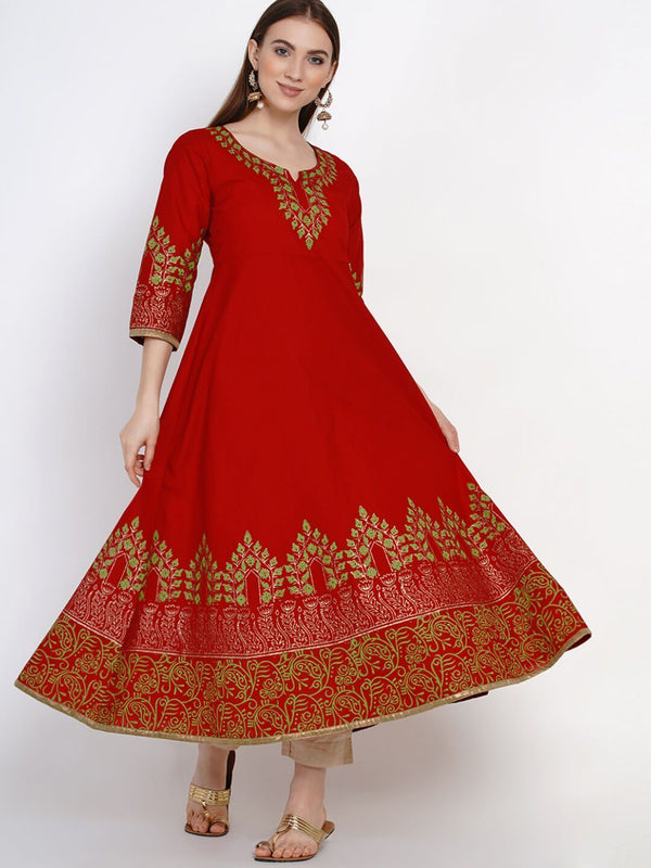 Women's Minimal Red Cotton Handblocked Anarkali - Noz2Toz