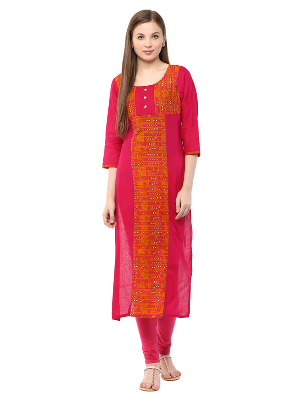 Women's Pink Ajrakh Hand Block Cotton Kurta With Placekt Detail - Noz2Toz