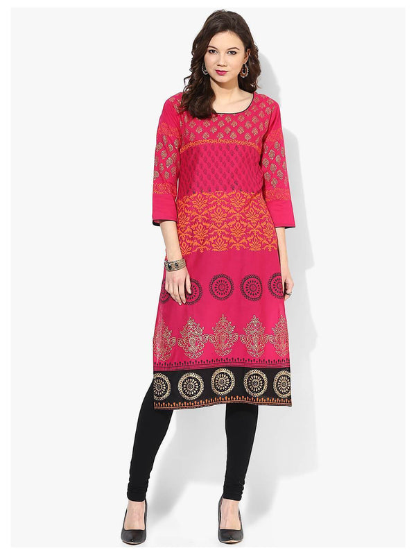 Women's Pink Festive Ajrakh Hand Block Cotton Printed Straight Kurta  - Noz2Toz