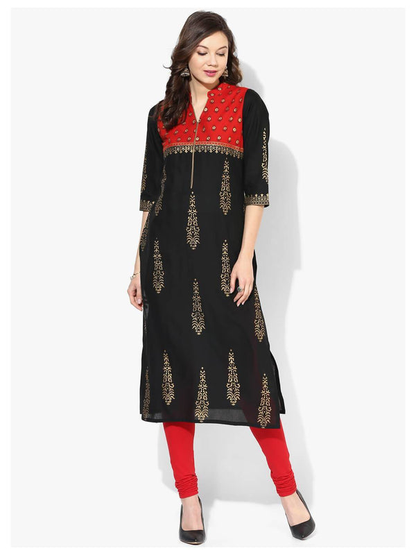 Women's Black And Red Ajrakh Paisley Hand Block Cotton Printed Straight Kurta - Noz2Toz