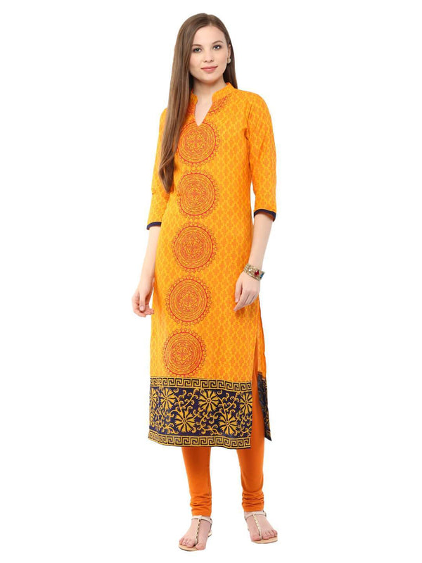 Women's Mustard Ajrakh Hand Block Cotton Printed Straight Kurta  - Noz2Toz