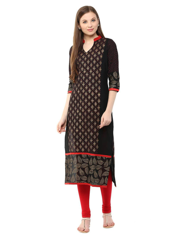 Women's Black And Golden Ajrakh Hand Block Cotton Printed Straight Kurta - Wahe-Noor