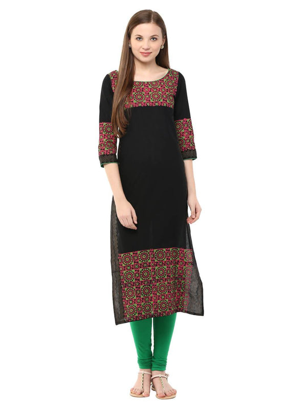 Women's Black Ajrakh Hand Block Printed Cotton Straight Kurta - Wahe-Noor