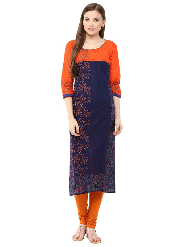 Women's Orange And Blue Floral Ajrakh Hand Block Cotton Printed Straight Kurta  - Noz2Toz