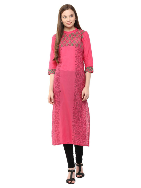 Women's Pink Floral Ajrakh Hand Block Cotton Printed Straight Kurta  - Noz2Toz