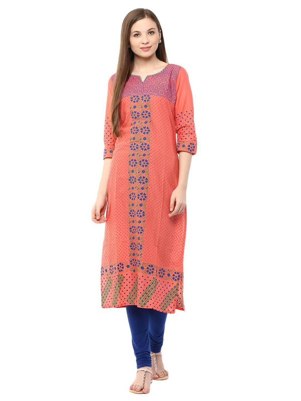 Women's Coral Pink Floral Ajrakh Hand Block Cotton Printed Straight Kurta - Wahe-Noor