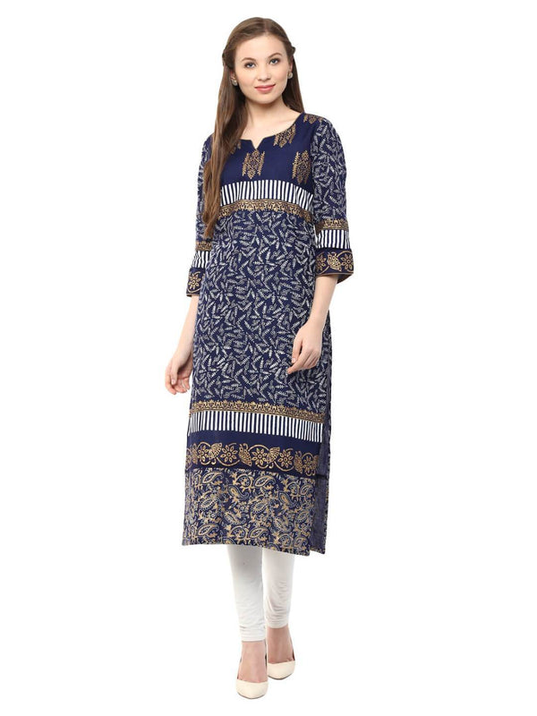 Women's Indigo Floral Ajrakh Hand Block Cotton Printed Straight Kurta  - Noz2Toz