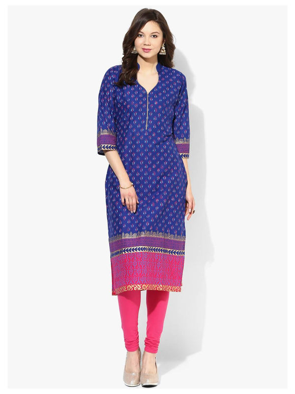 Women's Royal Blue Ajrakh Hand Block Cotton Printed Straight Kurta  - Noz2Toz