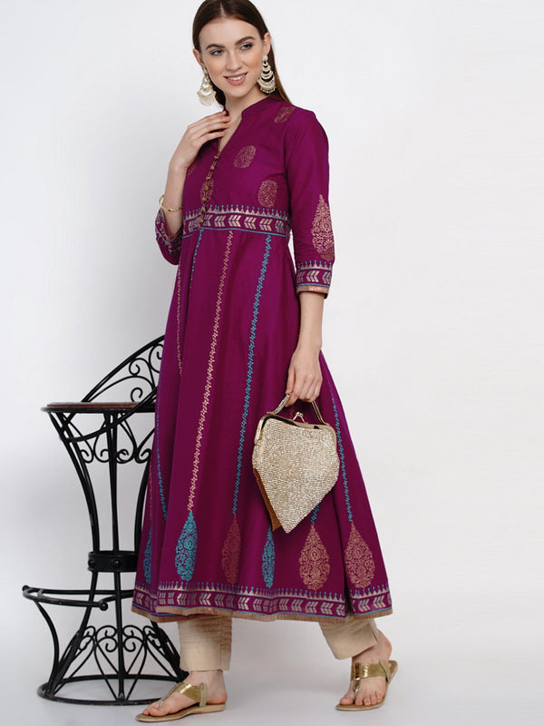 Women's Panel Illusion Mauve Cotton Anarkali With Ajrakh Hand Block Print - Noz2Toz