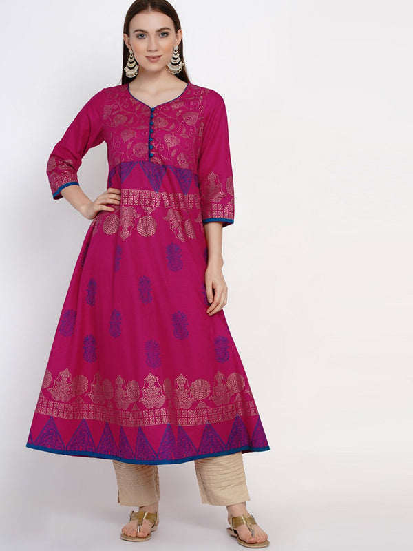 Women's Magenta Cotton Anarkali With Ajrakh Hand Block Prints - Wahe-Noor