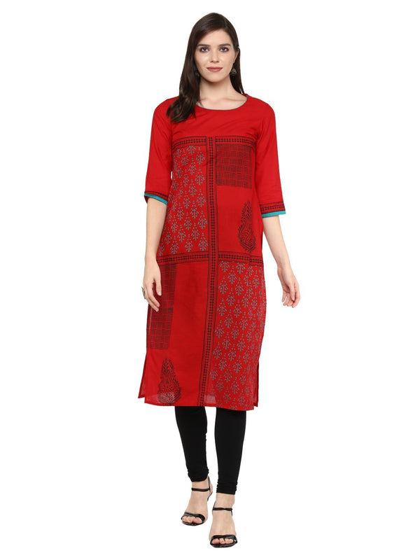 Women's Red Ajrakh Hand Block Geometric Printed Cotton Straight Kurta - Noz2Toz