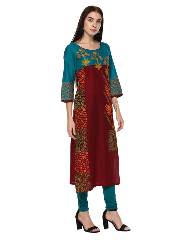 Women's Turquoise And Maroon Statement Hand Block Cotton Printed Straight Kurta - Wahe-Noor