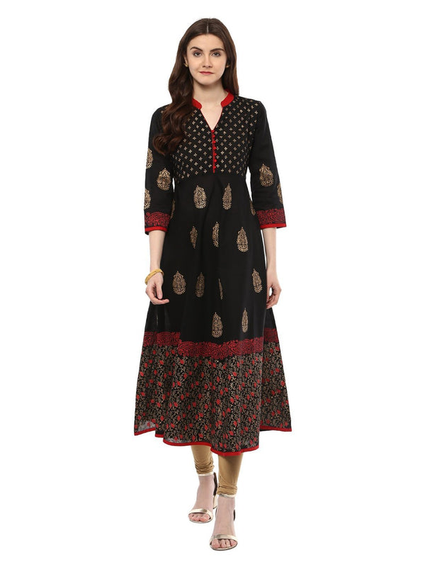 Women's Traditional Black Cotton Printed Anarkali With Ajrakh Hand Block Print - Noz2Toz