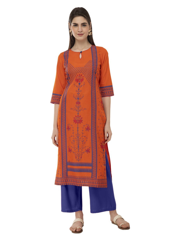 Women's Orange And Blue Ajrakh Hand Block Printed Cotton Straight Kurta - Noz2Toz