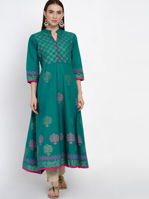 Women's Sea Blue Festive Ajrakh Hand Block Cotton Printed Anarkali - Noz2Toz