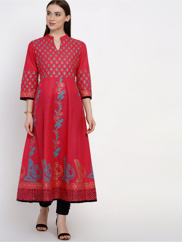 Women's Fuchsia Red Festive Ajrakh Hand Block Cotton Printed Anarkali - Wahe-Noor