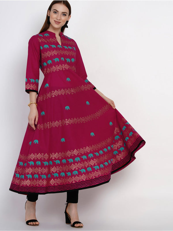 Women's Plum Cotton Anarkali With Ajrakh Hand Block Print - Wahe-Noor