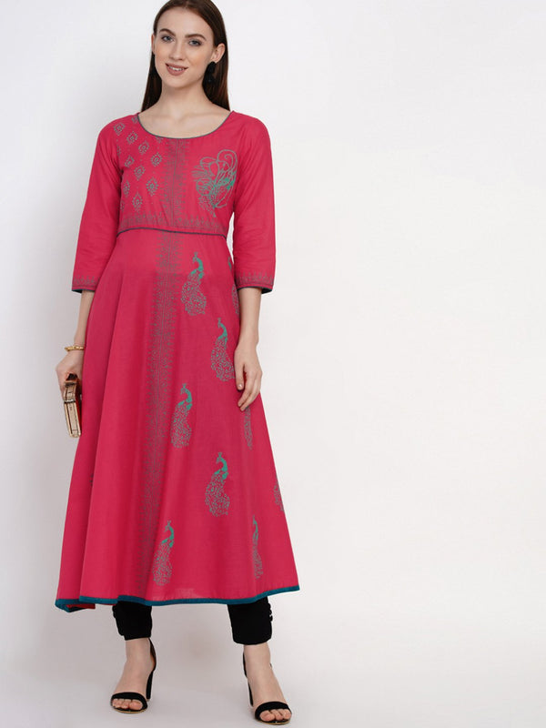 Women's Pink Minimal Ajrakh Hand Block Cotton Printed Anarkali - Wahe-Noor