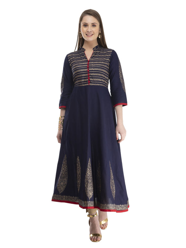 Women's Navy Blue Cotton Anarkali With Ajrakh Hand Block Print - Noz2Toz