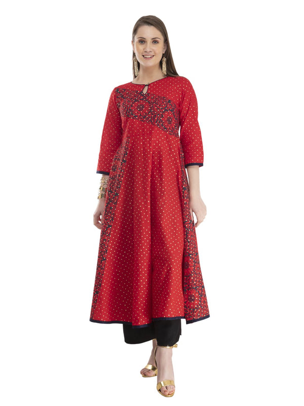 Women's Modern Red Cotton Anarkali With Ajrakh Hand Block Print - Wahe-Noor