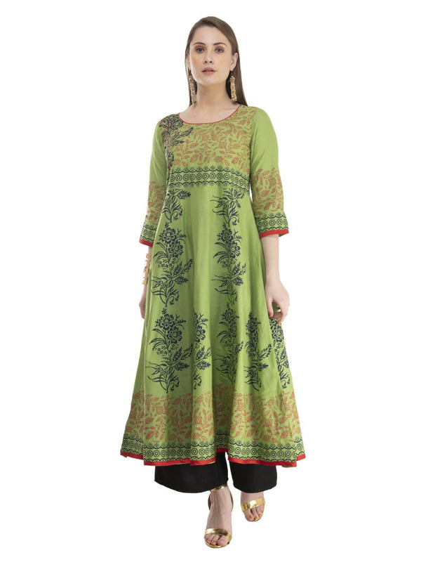 Women's Pastel Green Minimal Cotton Anarkali With Ajrakh Hand Block Print - Noz2Toz