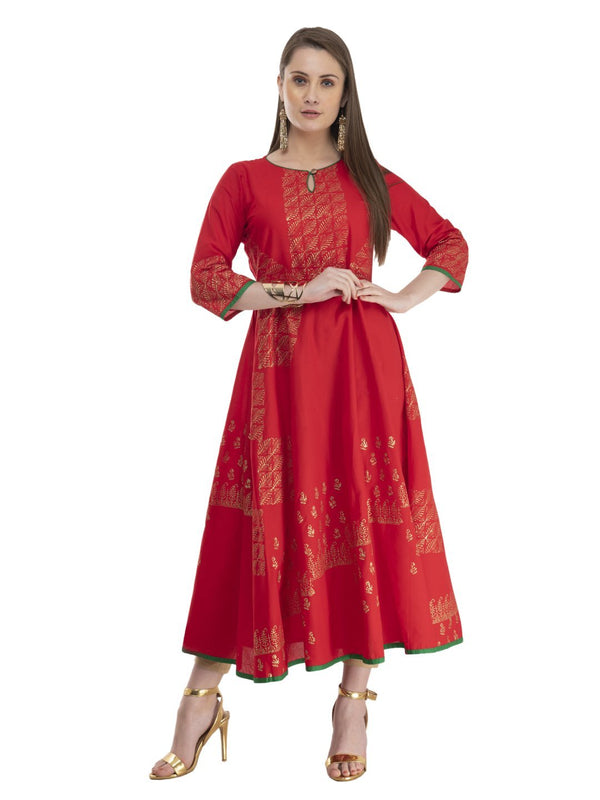 Women's Minimal Red Cotton Anarkali With Ajrakh Hand Block Print - Noz2Toz